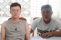 Đối tượng Cao Văn Hiếu (phải) và Mai Thanh Quốc tại cơ quan công an.