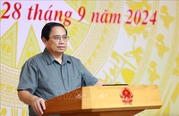Thủ tướng Phạm Minh Chính chủ trì Hội nghị sơ kết công tác phòng, chống và khắc phục hậu quả bão số 3. Ảnh: Dương Giang/TTXVN