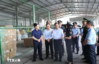 Phó Thủ tướng Bùi Thanh Sơn thị sát khu bốc dỡ hàng hóa xuất nhập khẩu trong khu vực Cửa khẩu Quốc tế Hữu Nghị (Lạng Sơn). (Ảnh: TTXVN)