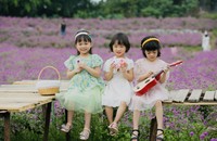 Hình ảnh siêu dễ thương của các bé gái bên cánh đồng hoa bách nhật.