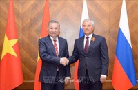 Tổng Bí thư Tô Lâm hội kiến Chủ tịch Duma Quốc gia LB Nga Vyacheslav Volodin. Ảnh: TTXVN