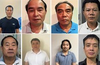 Các đối tượng từ trái qua phải: Bùi Thanh Bình, Nguyễn Văn Bình, Ngô Tiến Cương, Nguyễn Duy Nghiệp, Nguyễn Xuân Tốt, Nguyễn Văn Đức, Lê Xuân Định, Nguyễn Trường Giang. (Ảnh: Bộ Công an).