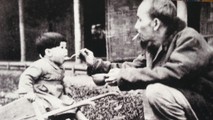 Bác Hồ bón cơm cho chú bé khi đến thăm một trại nhi đồng.