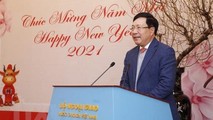 Phó Thủ tướng, Bộ trưởng Bộ Ngoại giao Phạm Bình Minh phát biểu tại buổi gặp mặt các cơ quan báo chí.