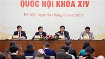 Tổng Thư ký, Chủ nhiệm Văn phòng Quốc hội Nguyễn Hạnh Phúc chủ trì họp báo. (Ảnh: Dương Giang/TTXVN)