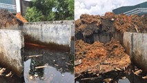 Nước thải lắng đọng đang được công ty lấp đất lên bề mặt nước thải