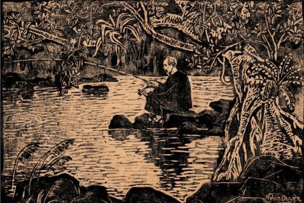 Tranh khắc gỗ Bác Hồ câu cá của tác giả Nghĩa Duyện, sáng tác năm 1980.