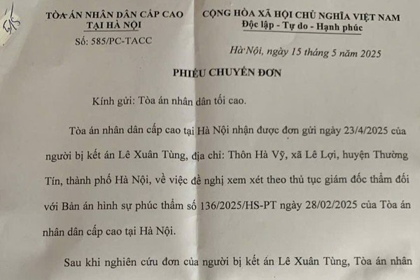 Sự việc bản án chưa cập nhật đầy đủ tình tiết nộp tiền khắc phục hậu quả: TAND cấp cao chuyển đơn đến TAND tối cao xem xét giải quyết
