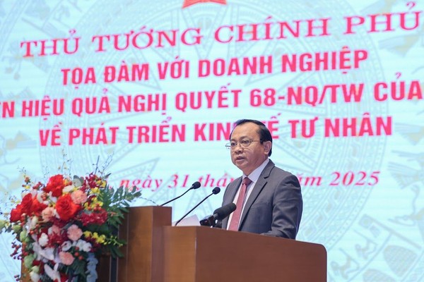 Thứ trưởng Bộ Tài chính Lê Tấn Cận trình bày báo cáo về tình hình phát triển kinh tế tư nhân. (Ảnh: VGP)