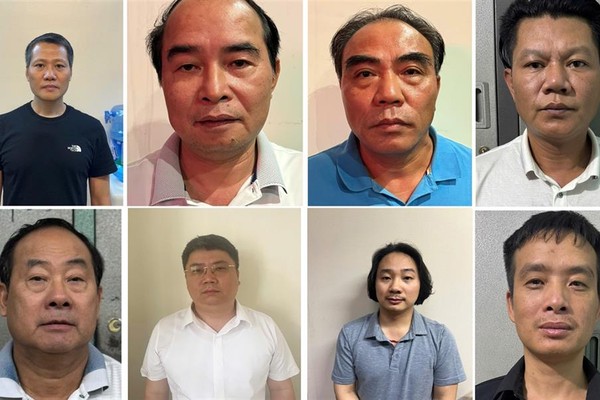 Các đối tượng từ trái qua phải: Bùi Thanh Bình, Nguyễn Văn Bình, Ngô Tiến Cương, Nguyễn Duy Nghiệp, Nguyễn Xuân Tốt, Nguyễn Văn Đức, Lê Xuân Định, Nguyễn Trường Giang. (Ảnh: Bộ Công an).