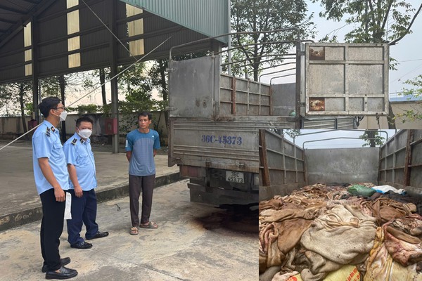 Chiếc xe tải chở gần 5 tấn da trâu, bò không rõ xuất xứ bị lực lượng chức năng Thanh Hóa bắt giữ (Ảnh: CATH)