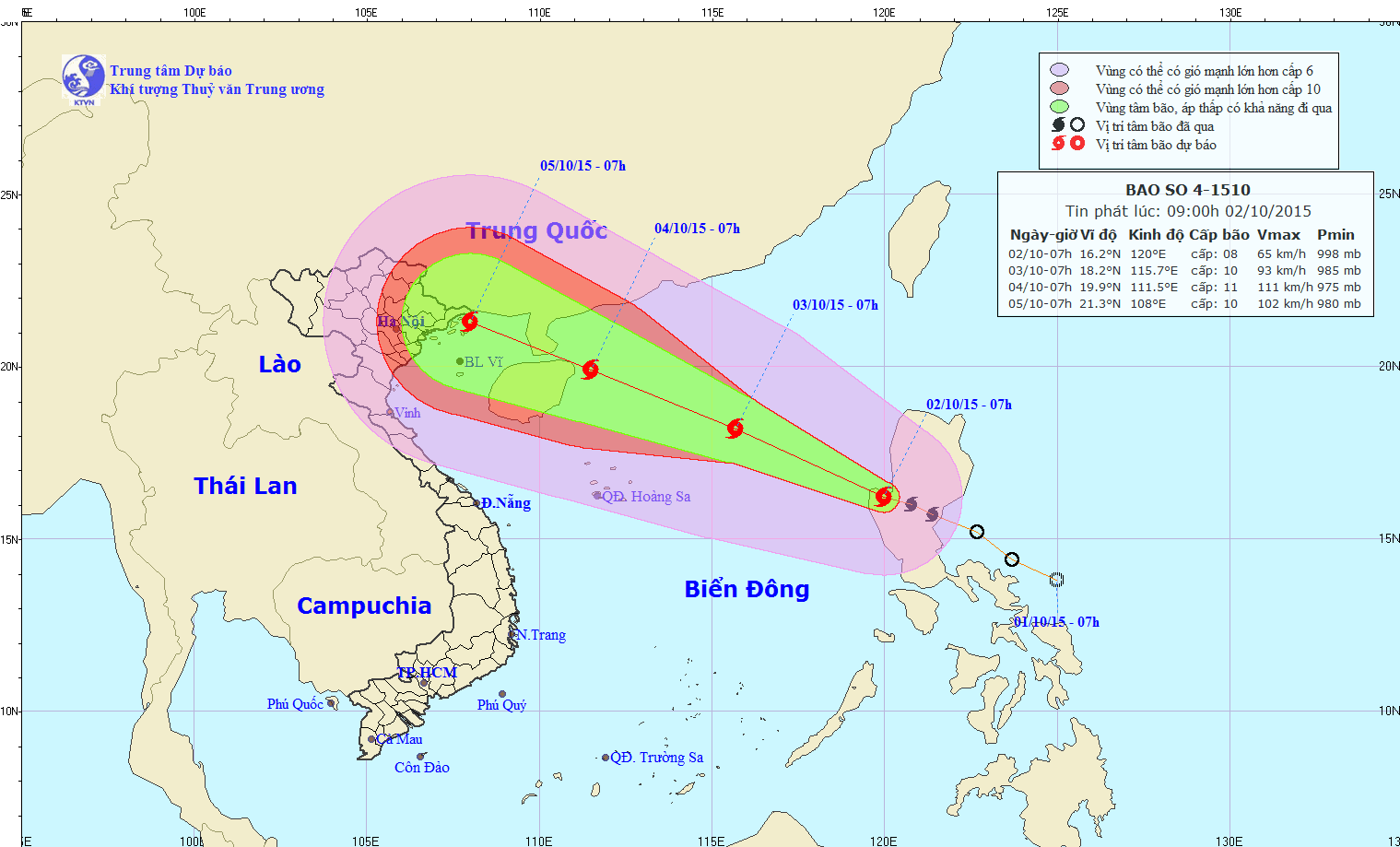 Vị trí và dự báo đường đi của bão số 4 - Nguồn: Trung tâm dự báo khí tượng thuỷ văn Trung ương