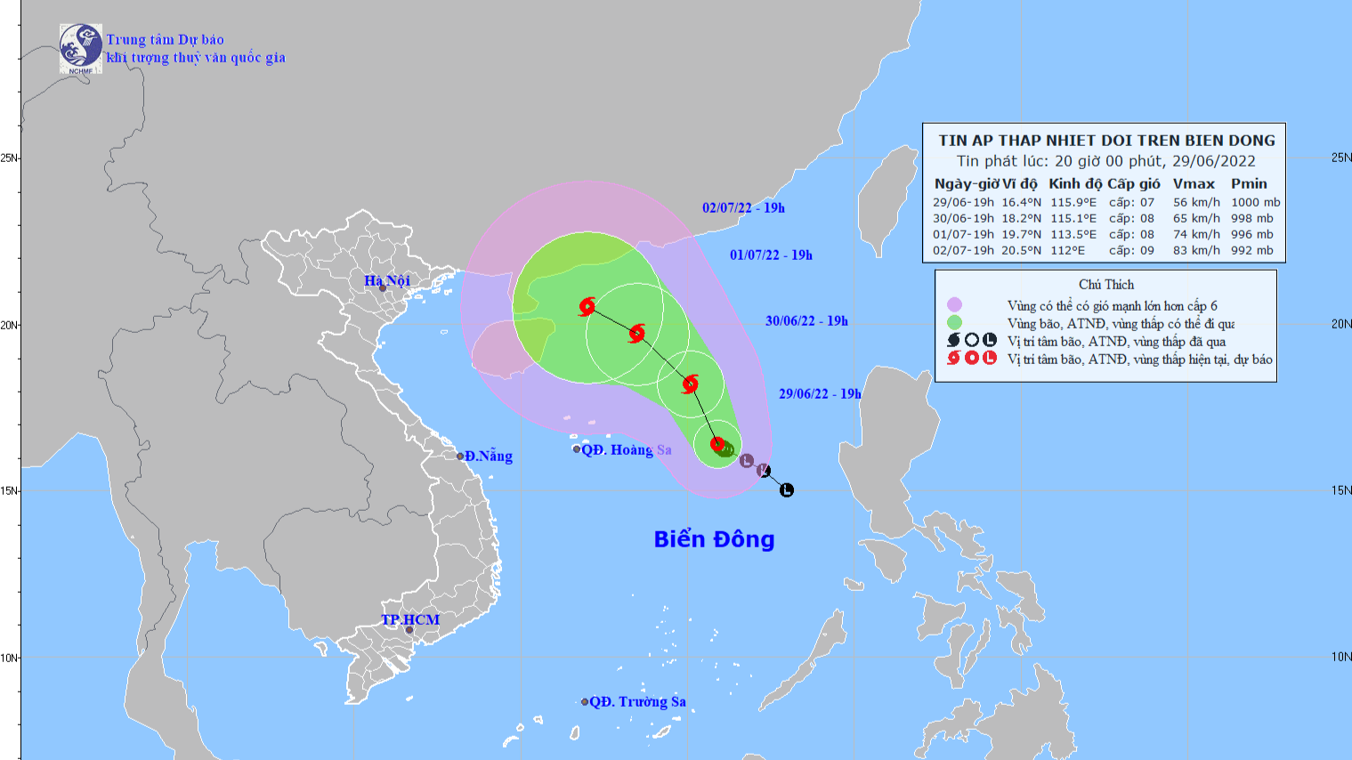 Cập nhật dự báo hướng đi và vị trí của áp thấp nhiệt đới. Ảnh: Trung tâm Dự báo khí tượng thủy văn Quốc gia
