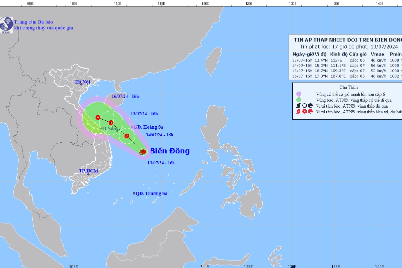Dự báo vị trí, hướng di chuyển của áp thấp nhiệt đới. Ảnh: nchmf.gov.vn