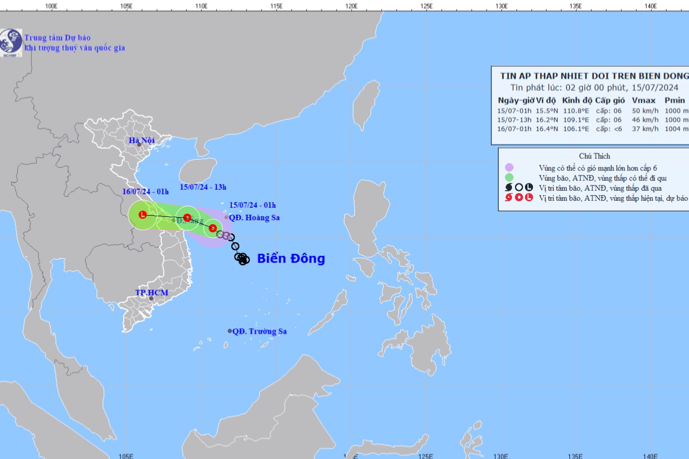 Dự báo vị trí, hướng di chuyển của áp thấp nhiệt đới. Ảnh: nchmf.gov.vn