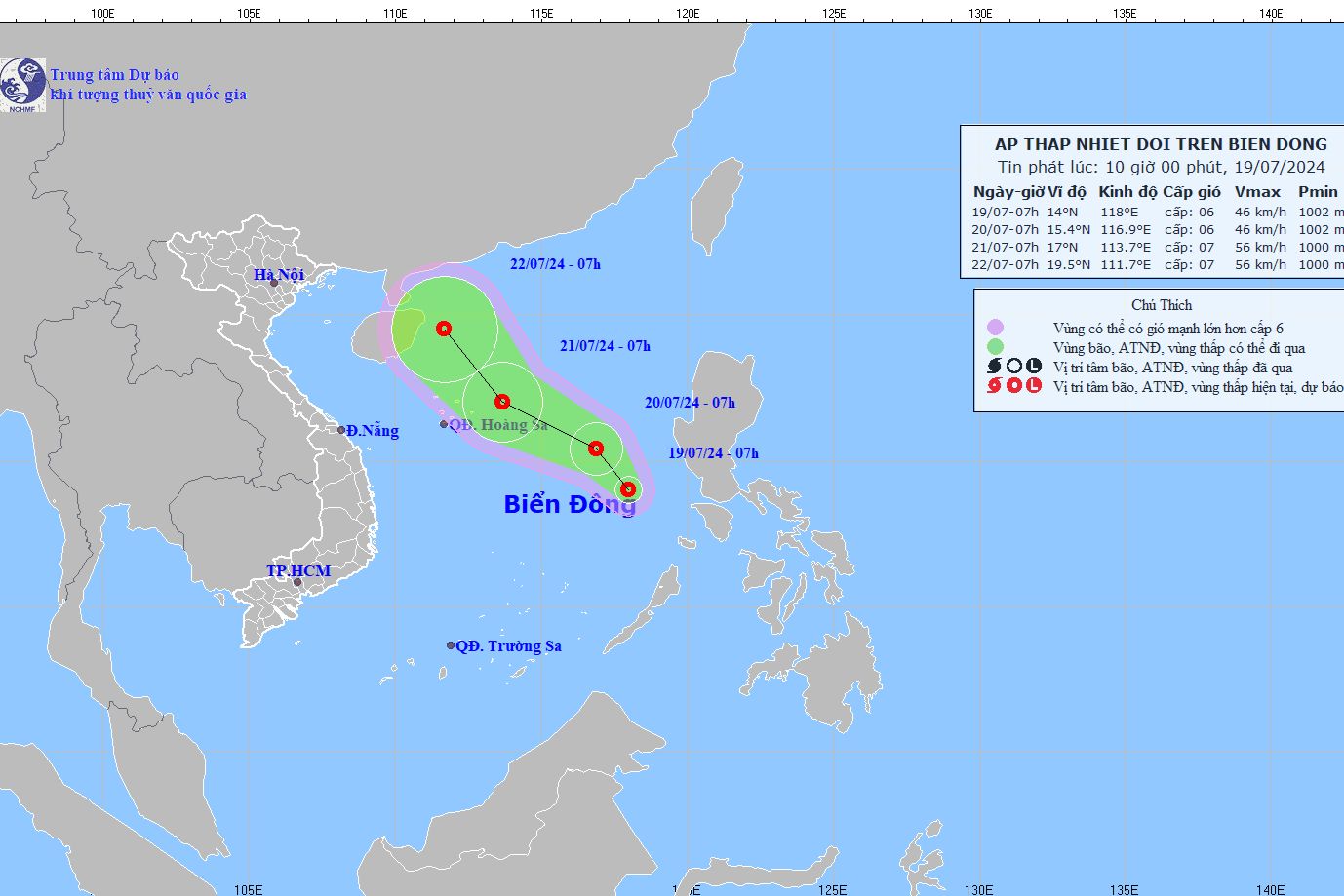 Dự báo vị trí, hướng di chuyển của áp thấp nhiệt đới. Ảnh: nchmf.gov.vn