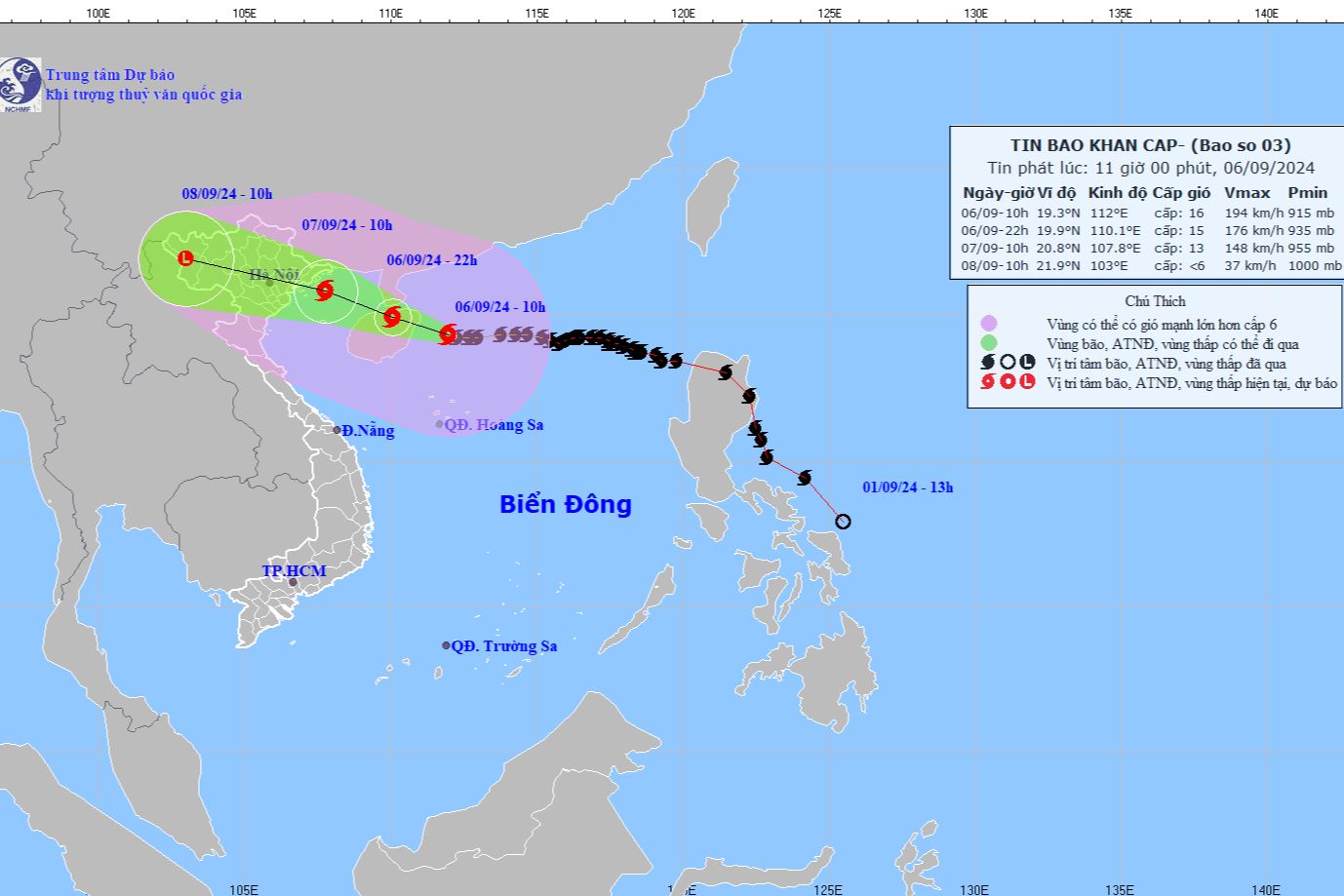 Bão số 3 cách Quảng Ninh 570km. Ảnh: Trung tâm dự báo KTTV Quốc gia