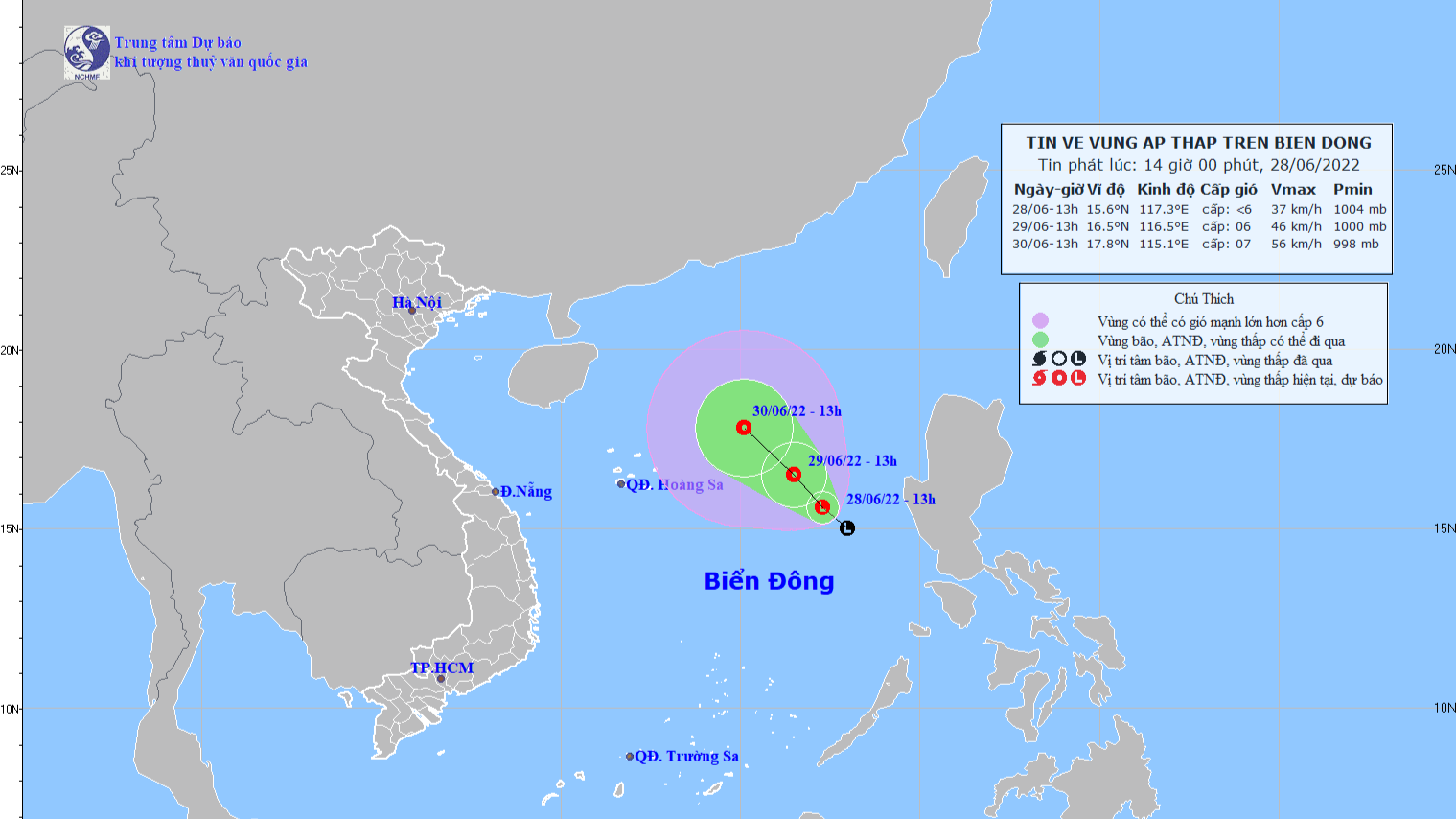 Dự báo vị trí và hướng đi của áp thấp nhiệt đới. Ảnh: nchmf.gov.vn