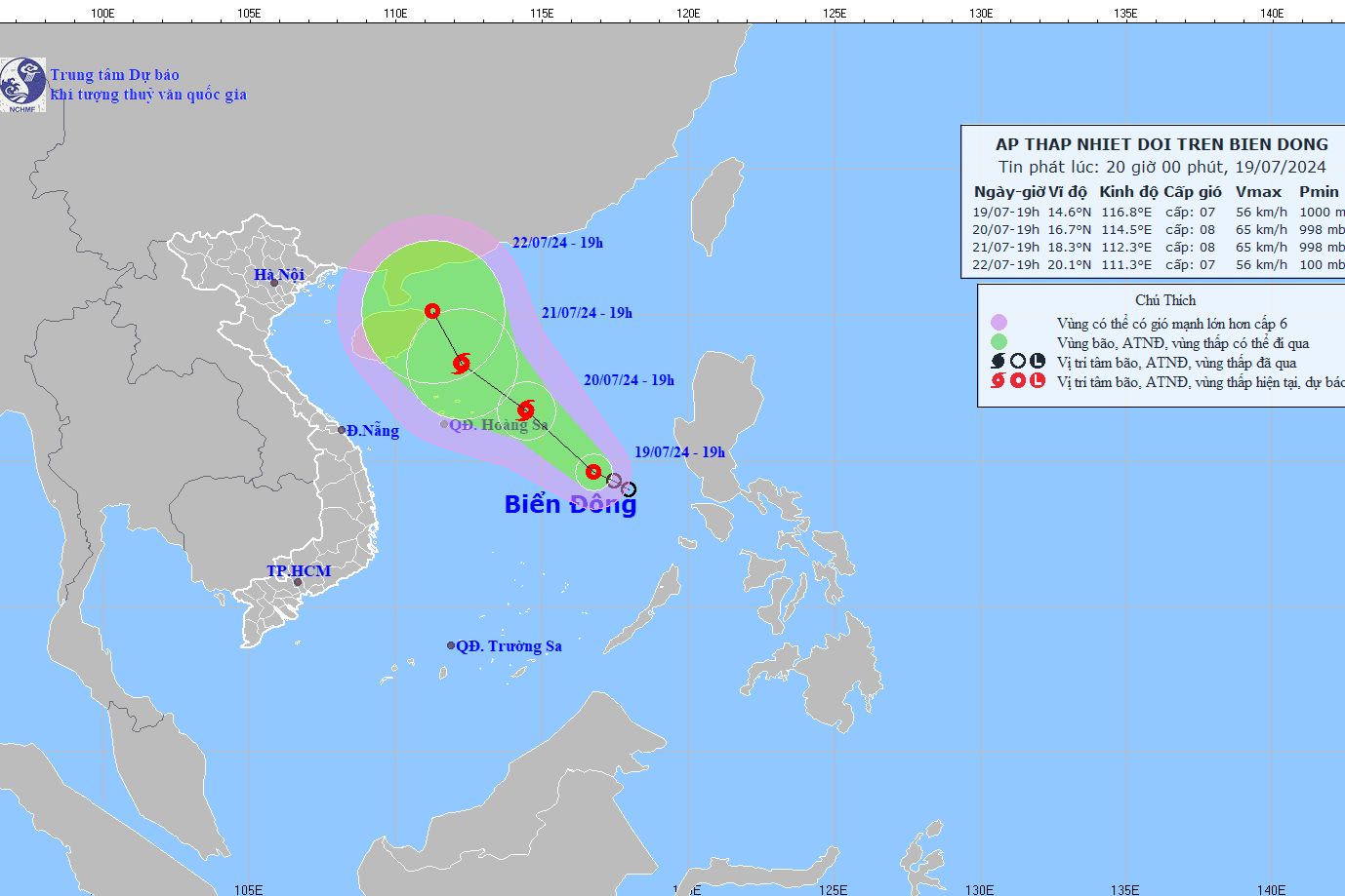 Dự báo vị trí, hướng di chuyển của áp thấp nhiệt đới. Ảnh: nchmf.gov.vn
