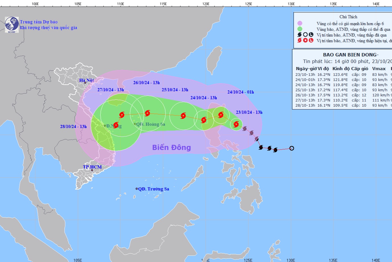Vị trí, hướng di chuyển của bão Trà Mi chiều 23/10. Ảnh: Trung tâm dự báo KTTV Quốc gia