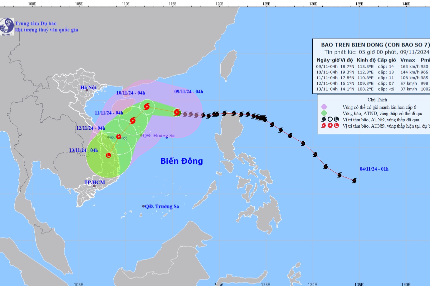 Dự báo vị trí, hướng di chuyển của bão số 7. Ảnh: Trung tâm dự báo KTTV Quốc gia 