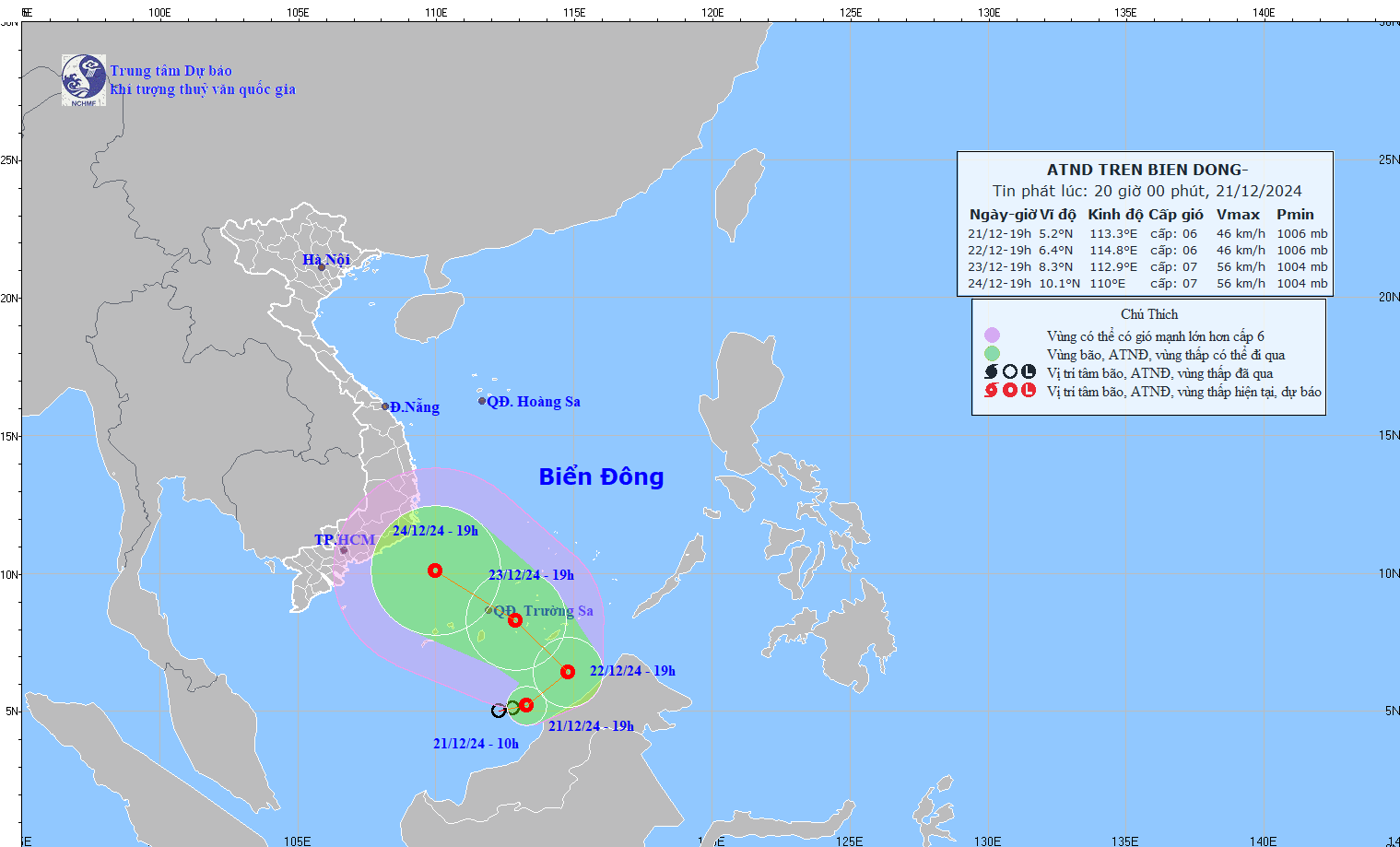 Dự báo vị trí, hướng di chuyển của áp thấp nhiệt đới. Ảnh: nchmf.gov.vn