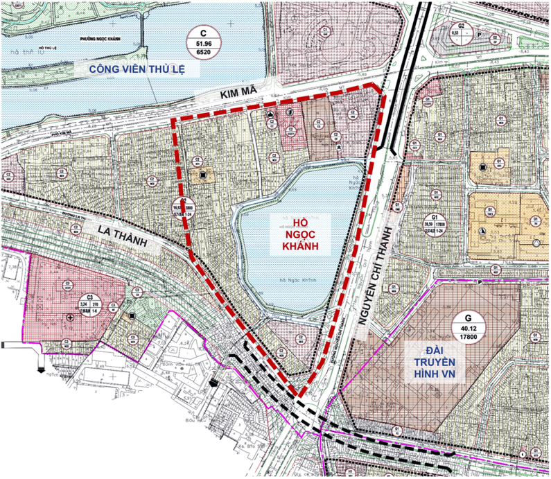 Khu vực nghiên cứu tổ chức phố đi bộ quanh hồ Ngọc Khánh (viền đỏ)