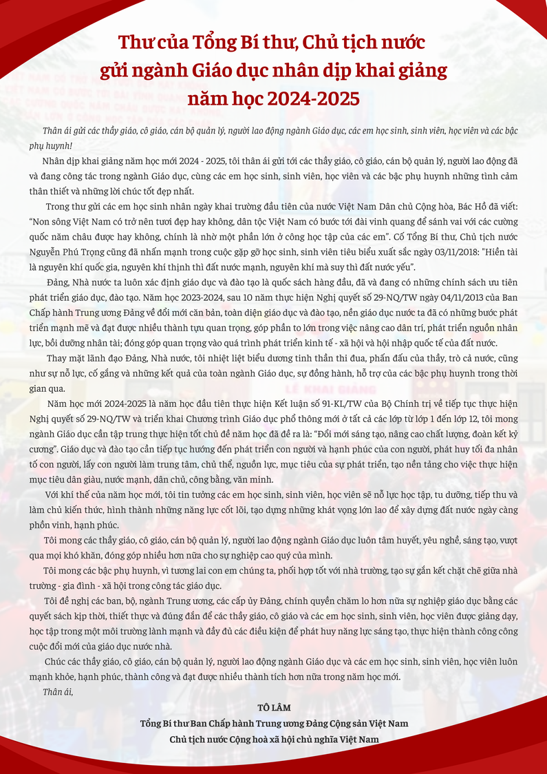Toàn văn thư của Tổng Bí thư, Chủ tịch nước gửi ngành Giáo dục nhân dịp khai giảng năm học 2024-2025
