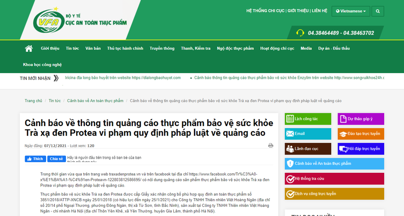 Cục An toàn thực phẩm thông tin cảnh báo về các sản phẩm TPBVSK vi phạm quy định về quảng cáo.