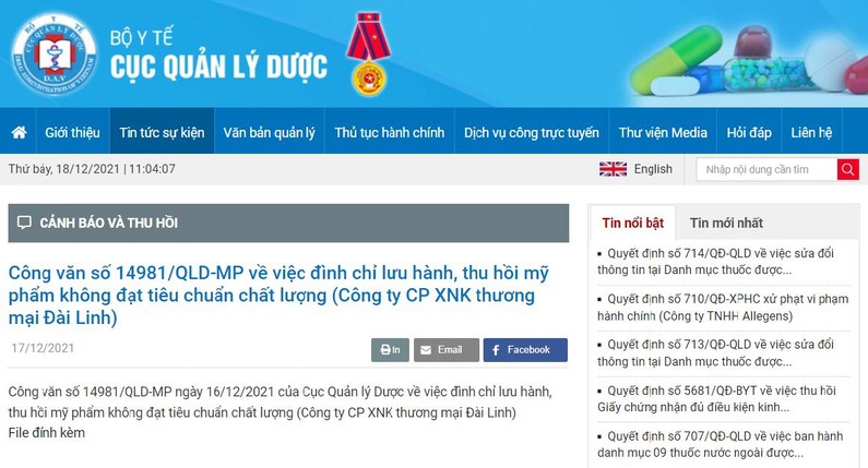 Đình chỉ lưu hành, thu hồi mỹ phẩm không đạt chất lượng của DaiLinh Group