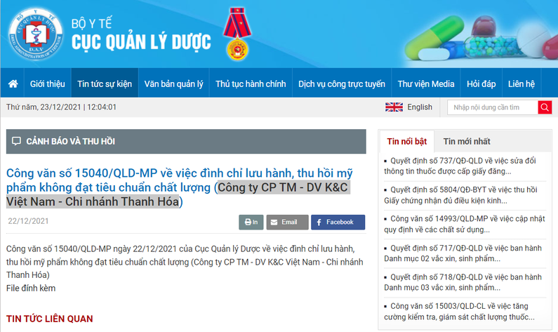 Cục Quản lý Dược thông báo đình chỉ lưu hành, thu hồi mỹ phẩm không đạt chất lượng