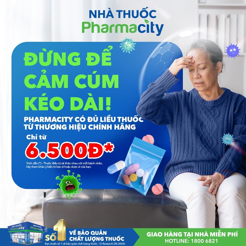 Các liều thuốc chính hãng tại Pharmacity giải quyết triệu chứng cảm cúm chỉ từ 6.500 đồng.