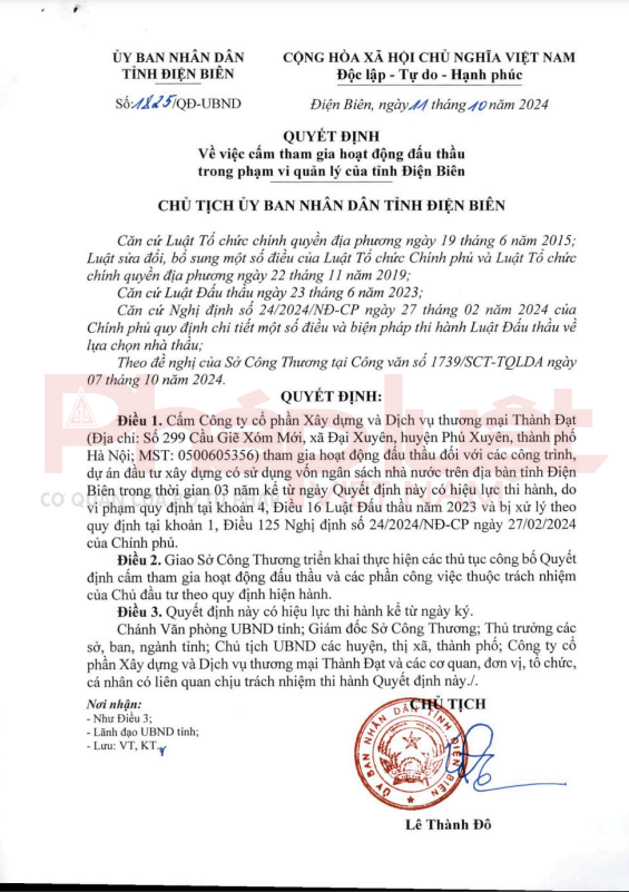 Quyết định số 1825/QĐ-UBND về việc cấm công ty Thành Đạt tham gia đấu thầu trên địa bàn tỉnh Điện biên