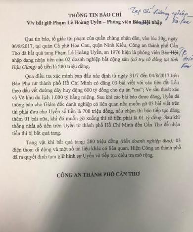 Cần Thơ: Bắt phóng viên nhận tiền của doanh nghiệp bất động sản Cần Thơ: Bắt phóng viên nhận tiền của doanh nghiệp bất động sản