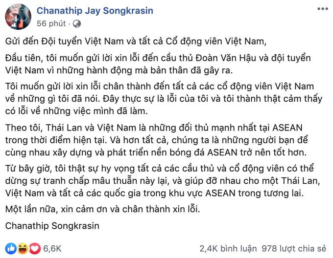 Chanathip đăng đàn gửi lời xin lỗi bằng tiếng Việt trên trang cá nhân. Ảnh: FB.