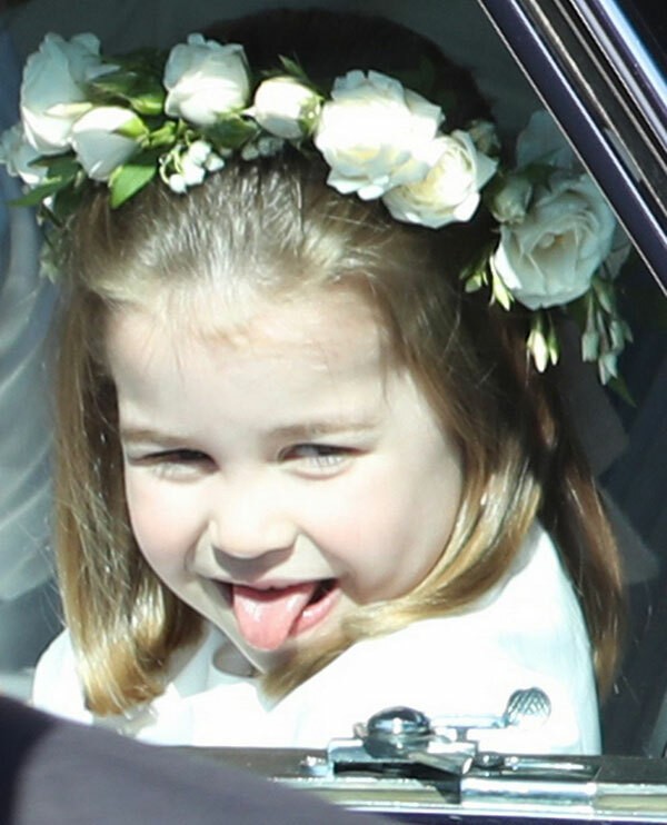 Công chúa Charlotte lè lưỡi trêu người hâm mộ ở đám cưới chú Harry,