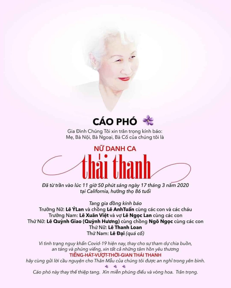 Gia đình không tổ chức lễ viếng danh ca Thái Thanh vì Covid-19