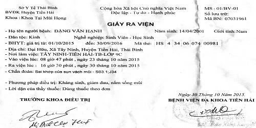 Giấy ra viện của cháu Hạnh.