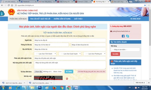Giao diện Hệ thống tiếp nhận, trả lời phản ánh, kiến nghị của người dân.