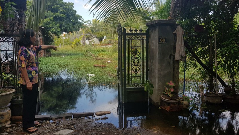 Mỗi khi mưa đến, nhà bà Hoa ngập nước nên phải bỏ nhà đi ở trọ, nơi đây đã trở thành vũng chứa nước không rút được.