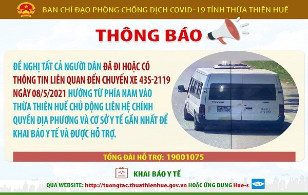 Thông báo của Ban chỉ đạo phòng,chống dịch Covid-19 tỉnh Thừa Thiên Huế tìm những người đi cùng chuyến xe với bệnh nhân covid-19 số 3660