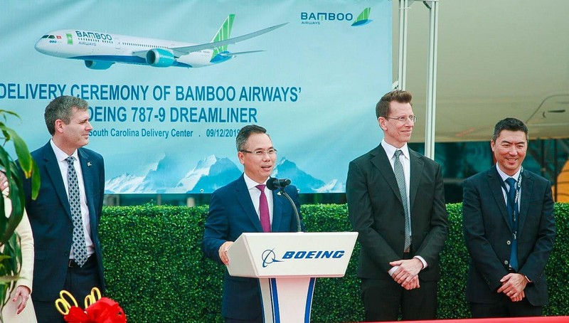 Phó Chủ tịch Bamboo Airways Đặng Tất Thắng phát biểu trong khuôn khổ sự kiện Bamboo Airways tiếp nhận bàn giao máy bay Boeing 787-9 Dreamliner đầu tiên tại Mỹ