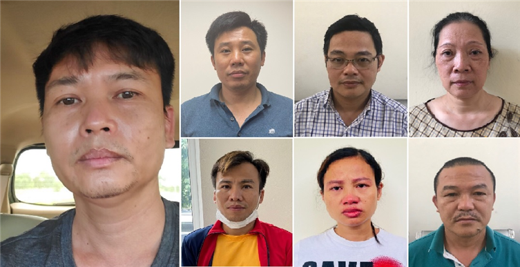 Các bị can (từ trái qua phải): Nguyễn Xuân Hanh; Đỗ Quang Tiến; Đỗ Khắc Tú Anh; Nguyễn Thị Ngọc Lâm; Nguyễn Tuấn Nghĩa; Kiều Thị Thúy; Hoàng Đình Văn. Ảnh: bocongan.gov.vn