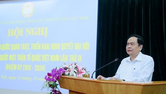 Chủ tịch Ủy ban Trung ương Mặt trận Tổ quốc Việt Nam Trần Thanh Mẫn phát biểu tại hội nghị.