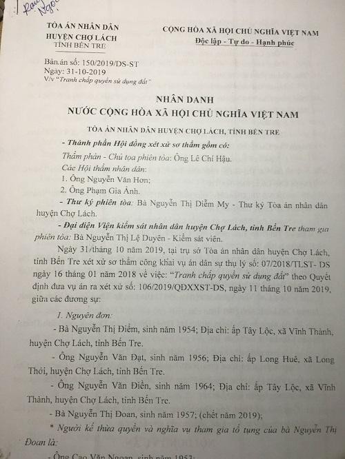 Bản sán sơ thẩm số 150/2019/DS-ST của TAND huyện Chợ Lách (Bến Tre).