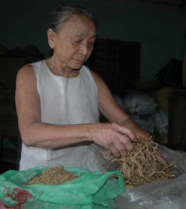 Cụ bà Lê Thị Đào phơi khô cây mắm nêm để dự trữ trong nhà uống hằng ngày