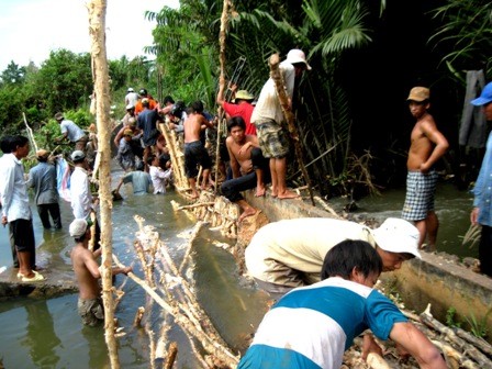 Rất đông lực lượng điều đến khắc phục sự cố bờ kè bị vỡ