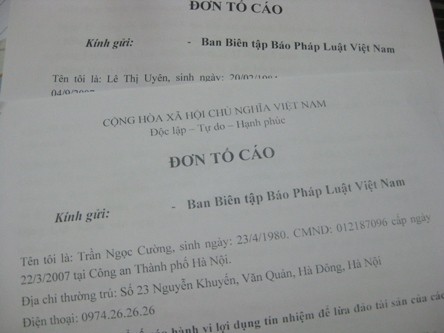 Đơn tố cáo của nhà đầu tư gửi tới báo PLVN