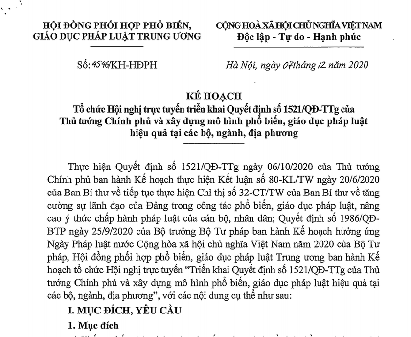 Ngày 15/12: Hội nghị trực tuyến triển khai Quyết định số 1521/QĐ-TTg của Thủ tướng Chính phủ 