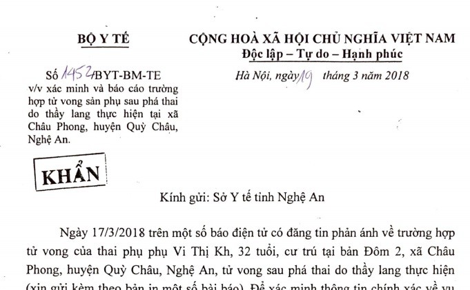  Vụ thai phụ tử vong sau phá thai do thầy lang: Bộ Y tế gửi công văn khẩn